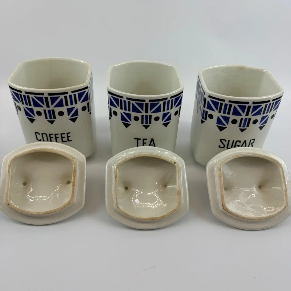 Art Deco Czech Pottery Canister Set Salt Box Yvonne Czechoslovakia Cobalt Blue
